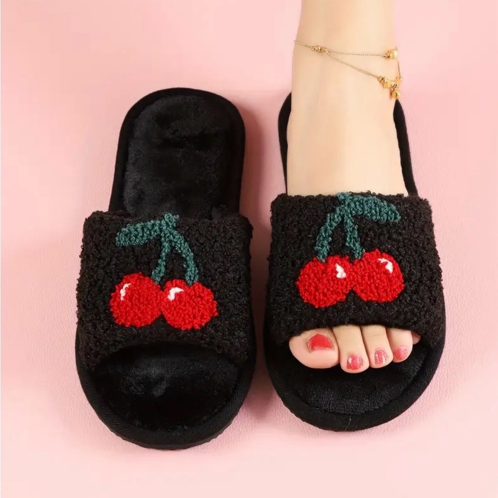 Cherry Embroidered Plush Black Slippers For Women